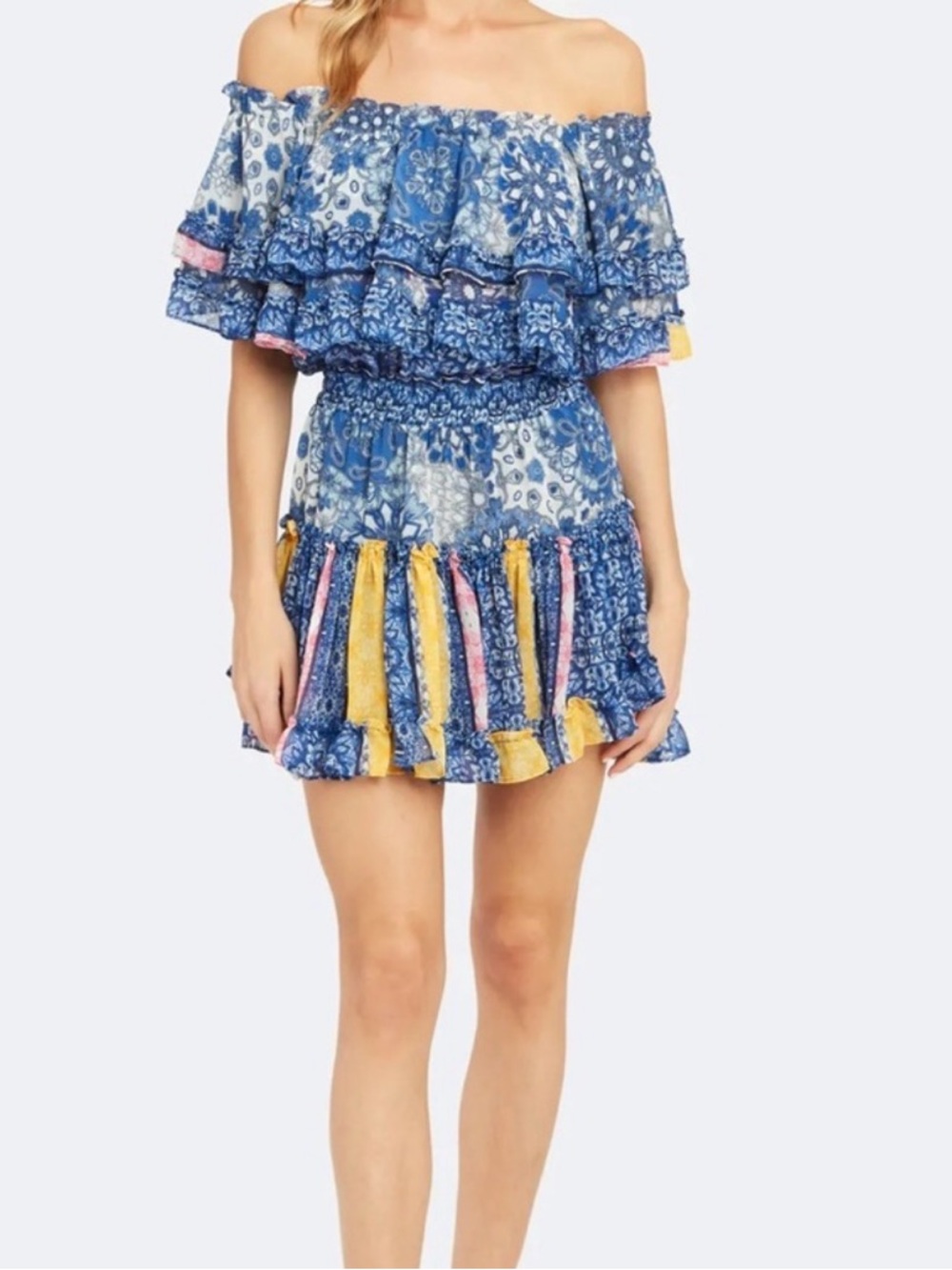 MISA Los Angeles Blue Paisley Patchwork Ruffle Off Shoulder Mini Dress Small